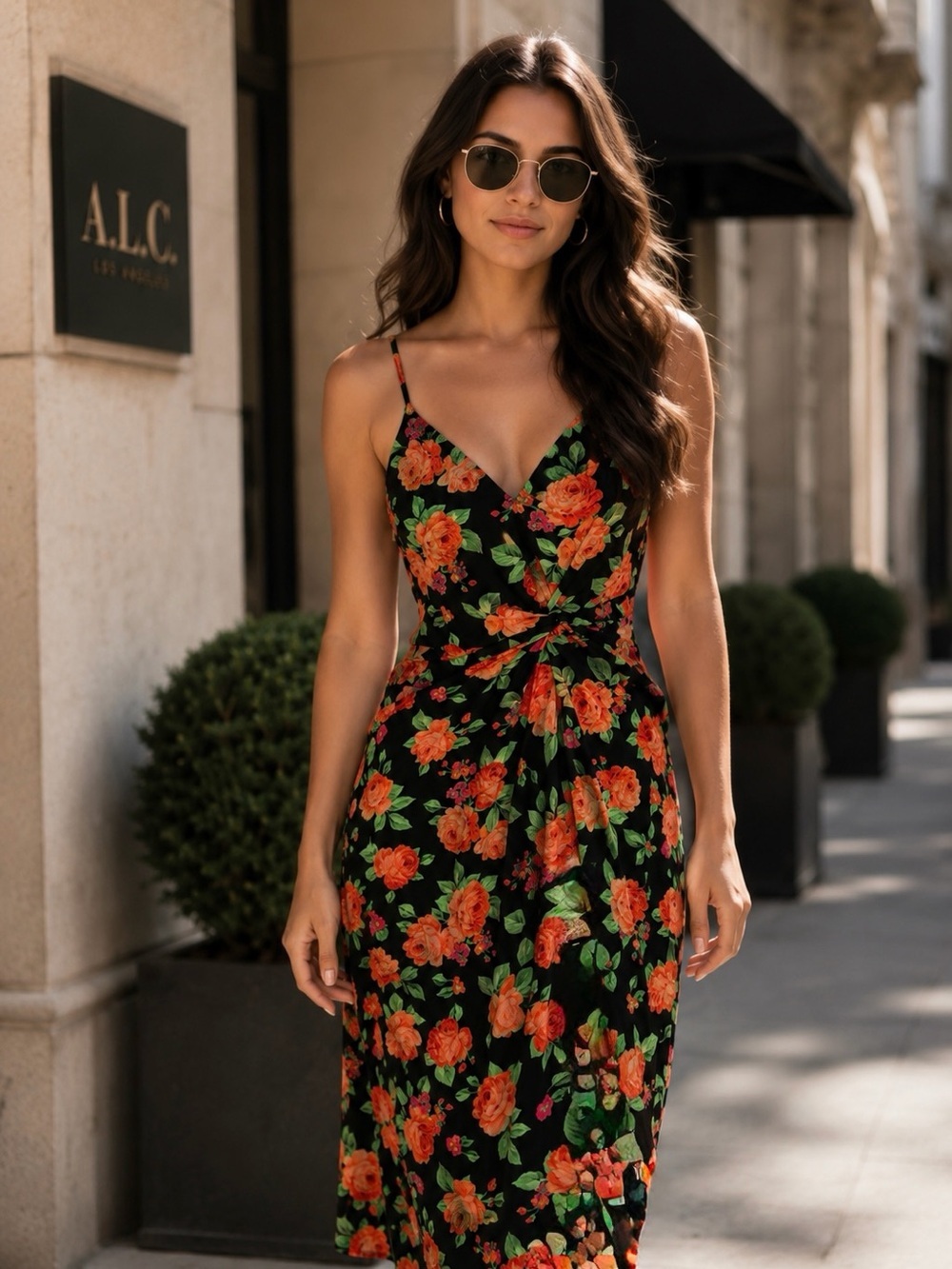 NEW H&M floral Black Midi Dress Orange size SMALL sleeveless